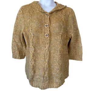 CJ Banks Hooded Pullover Sweater Sz 1X Cable Chunky 3/4 Sleeve 1/4 Button Cozy
